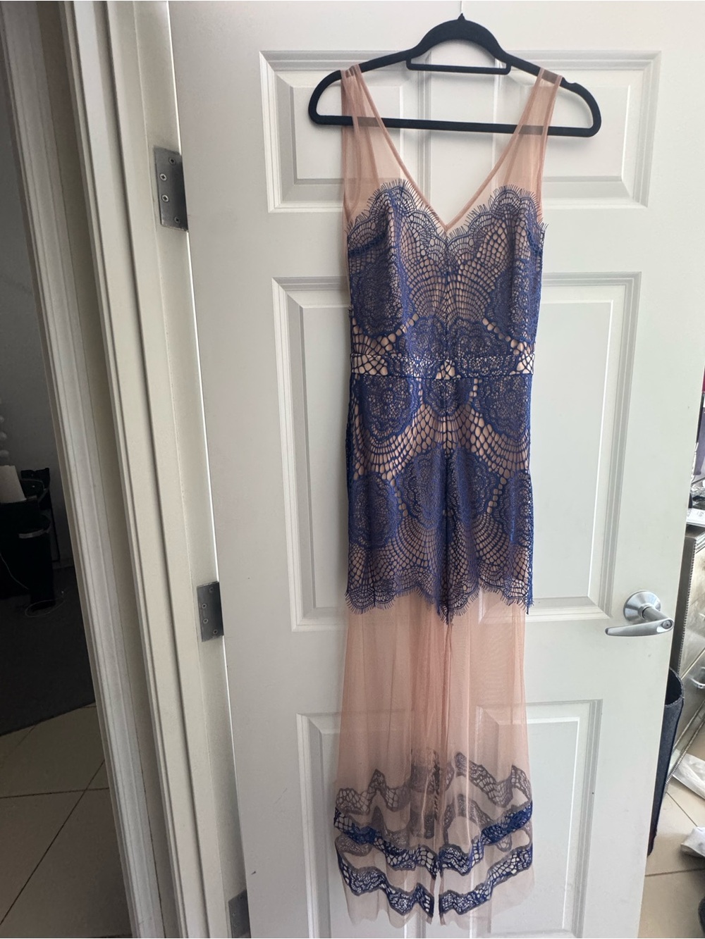 For Love And Lemons Nude Mesh Slip with Blue Lace Overlay
